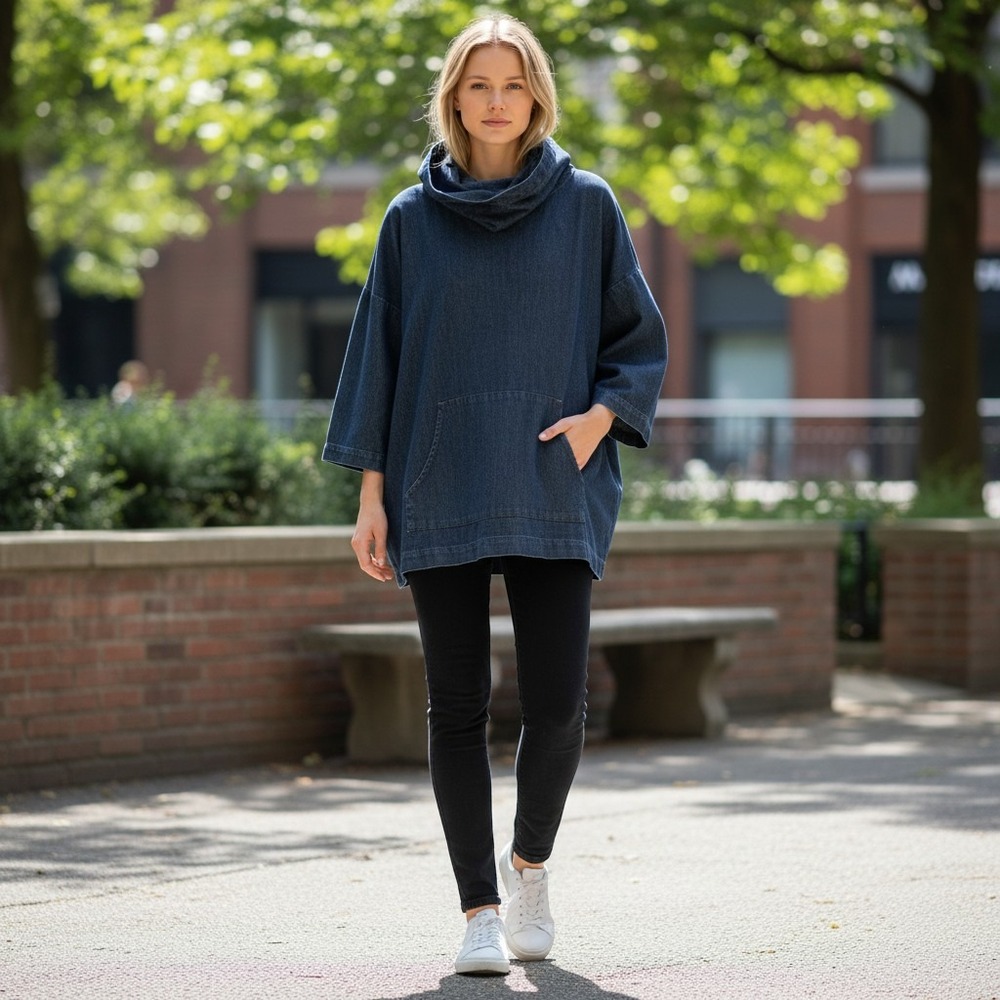Eskandar Monks Top Women 2 Dark Wash Cotton Silk Denim Oversized Funnel Neck